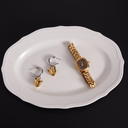 18K Gold and Silver Two Tone Savage Chic Leopard Dangle Hoop Earrings