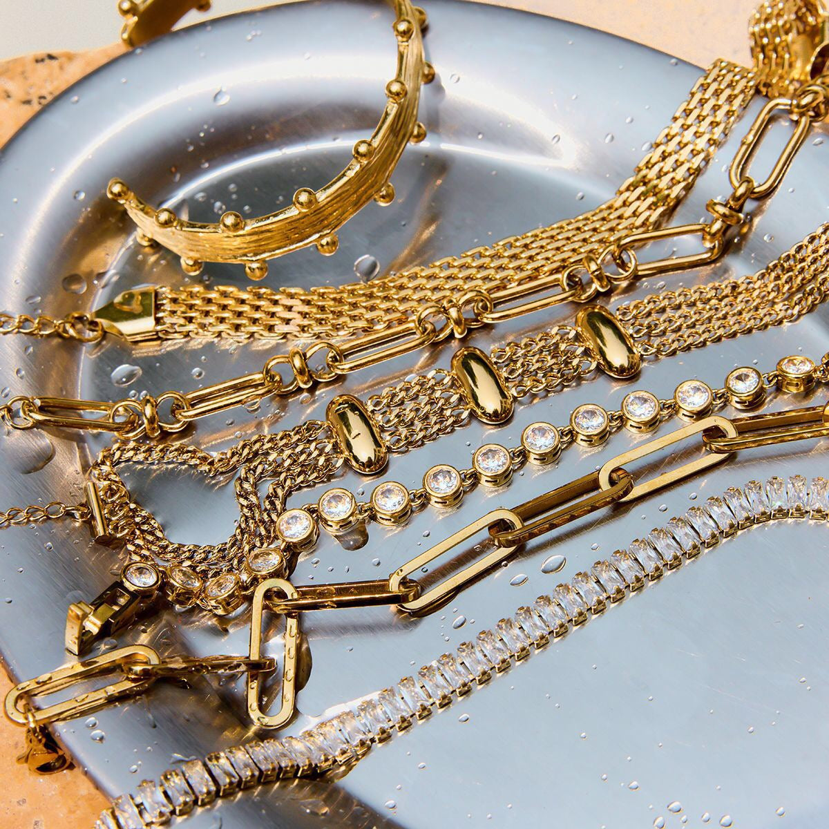 18K Gold Opulence Paperclip Chain Tennis Chunky Statement Bangle Bracelet Stack