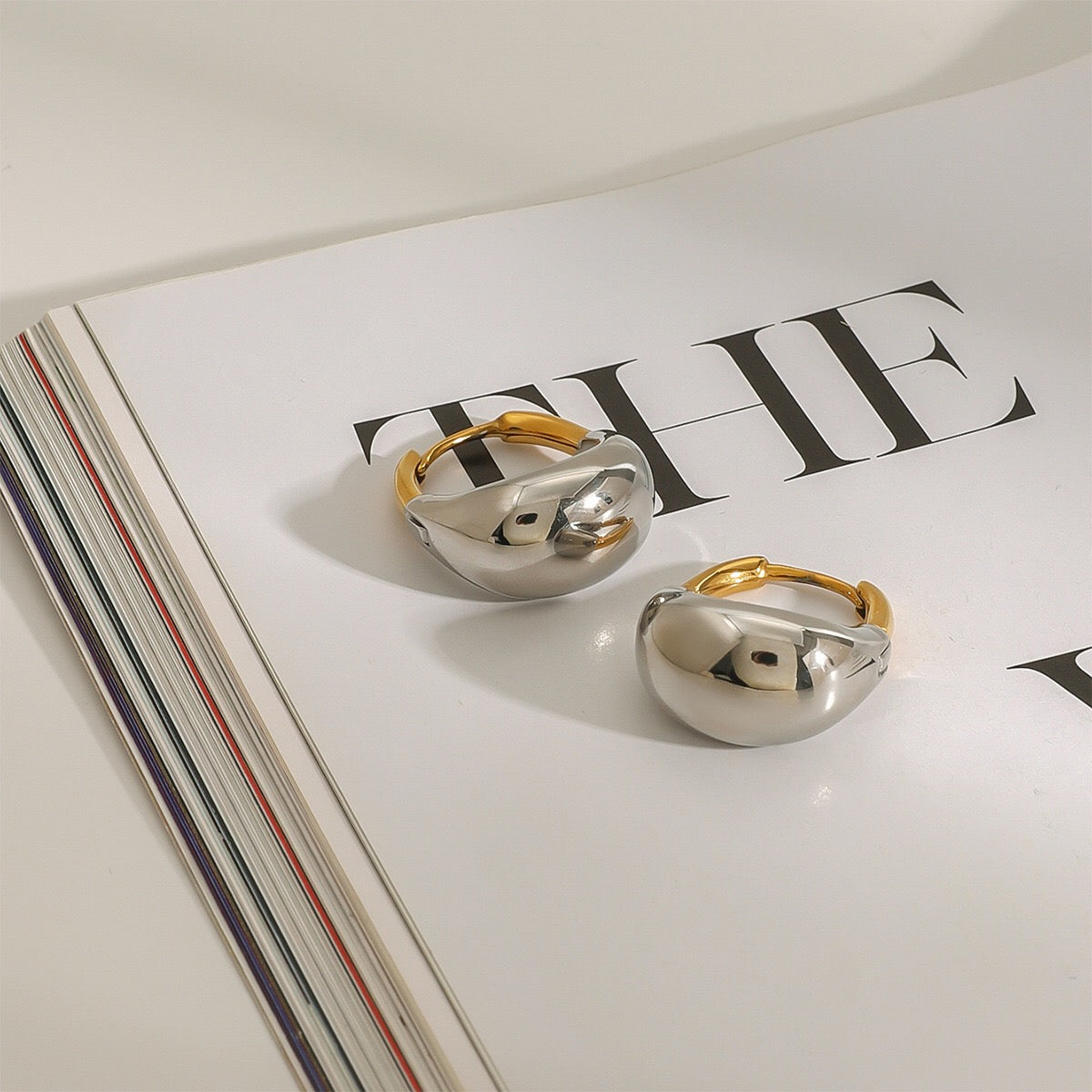 18K Gold and Silver Two Tone Dome Small Hoop Dangle Huggie Earrings