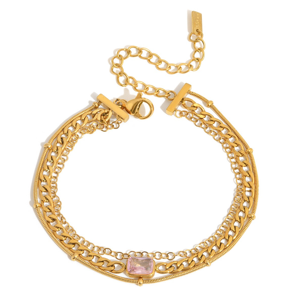 18K Gold Petite Joys Moon and Star Pink Jewel Dainty Three Chain Bracelet