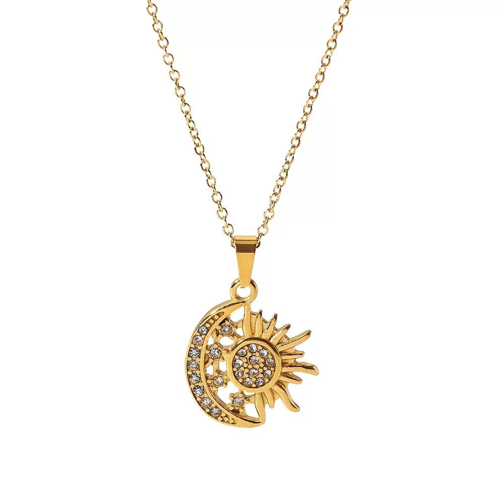 18K Gold Celestial Moon and Sun Pendant Necklace