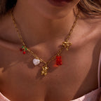 18K Gold Gummy Bear Cute Bow Cherry Paperclip Chain Charm Necklace