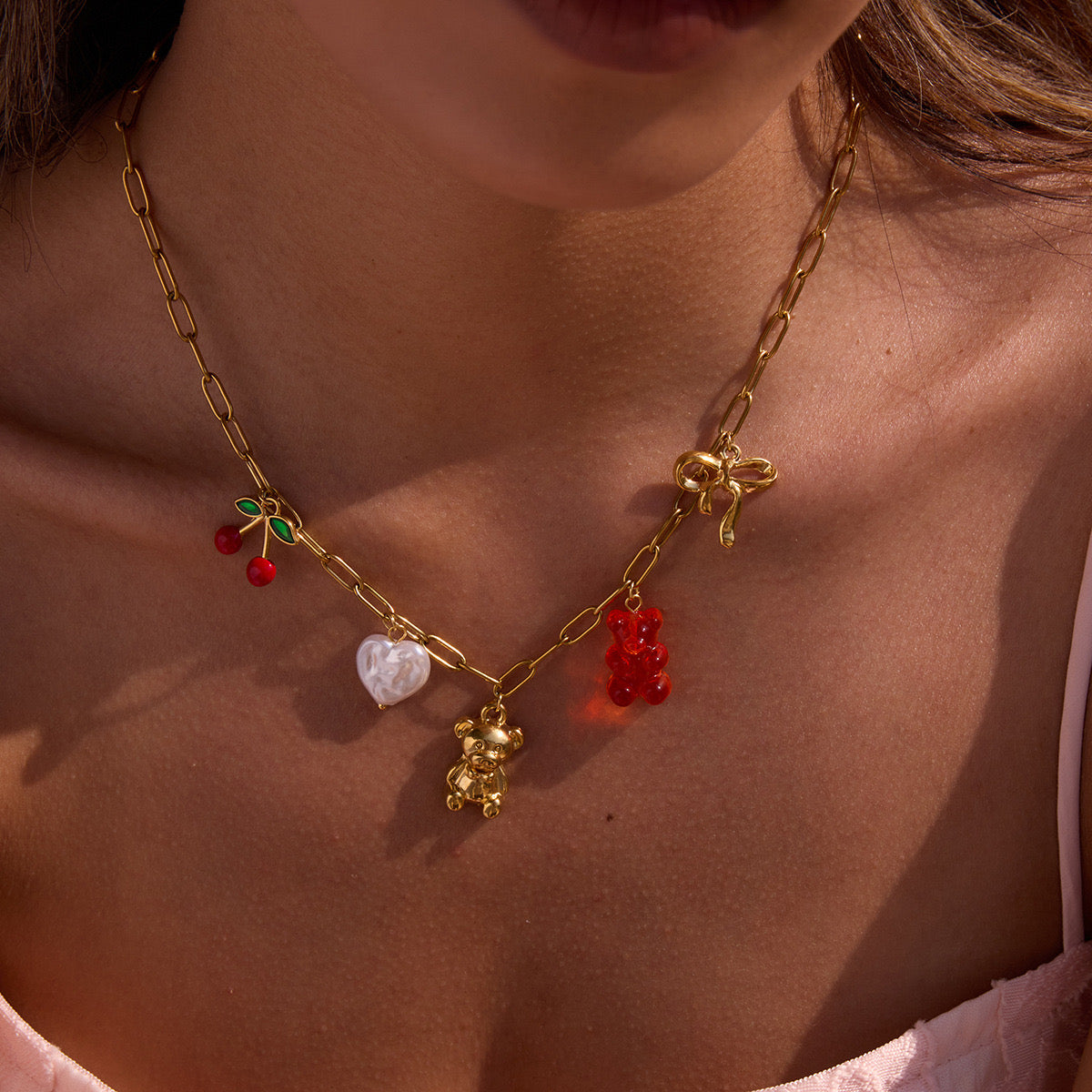 18K Gold Gummy Bear Cute Bow Cherry Paperclip Chain Charm Necklace