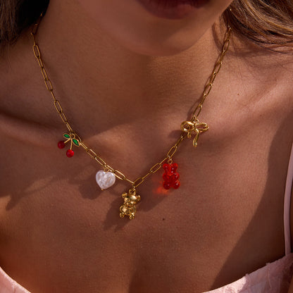 18K Gold Gummy Bear Cute Bow Cherry Paperclip Chain Charm Necklace