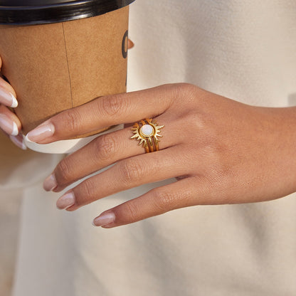 18K Gold Solar Kiss Sunburst Opal Statement Stacking Rings