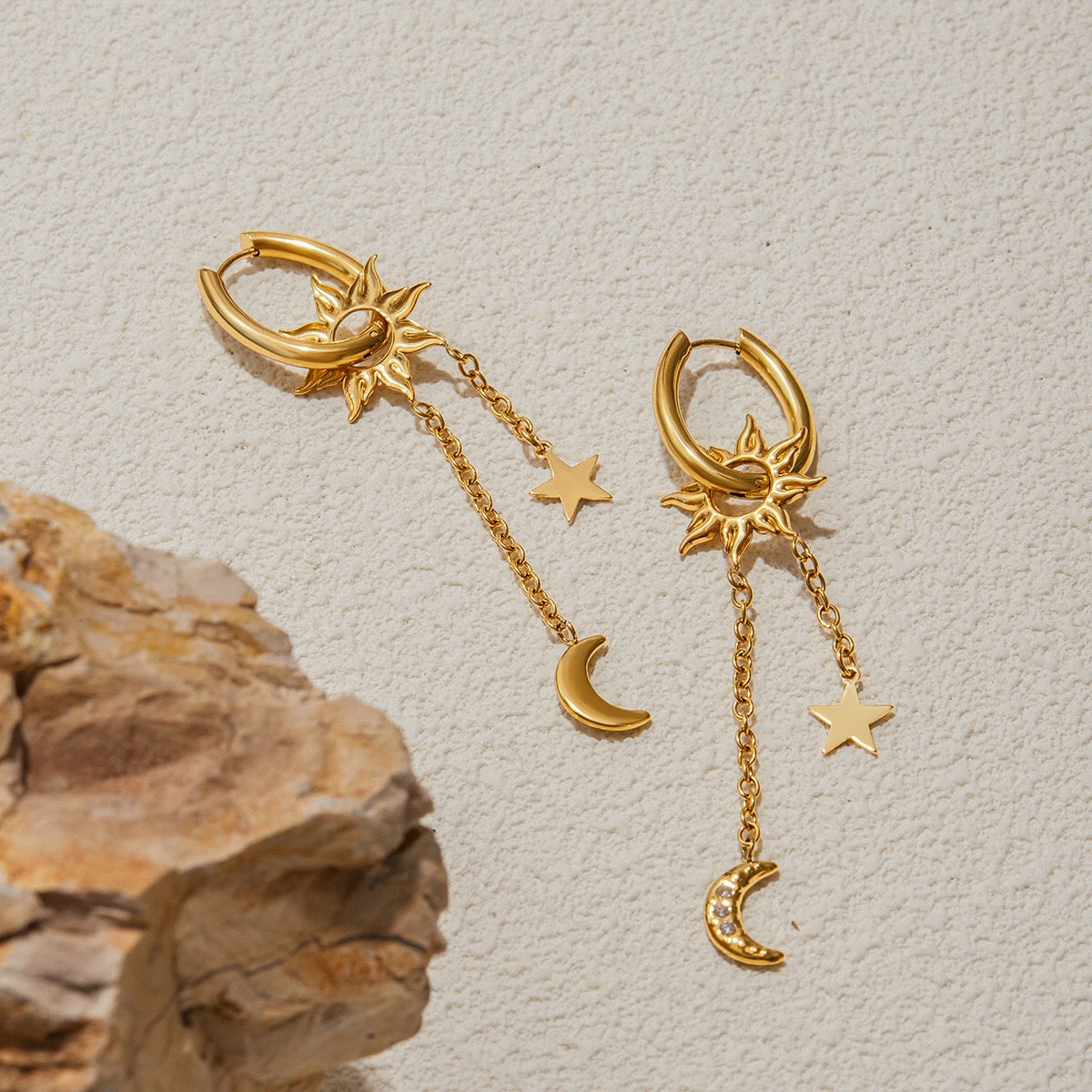 18K Gold Celestial Sun Moon and Star Drop Dangle Huggie Earrings