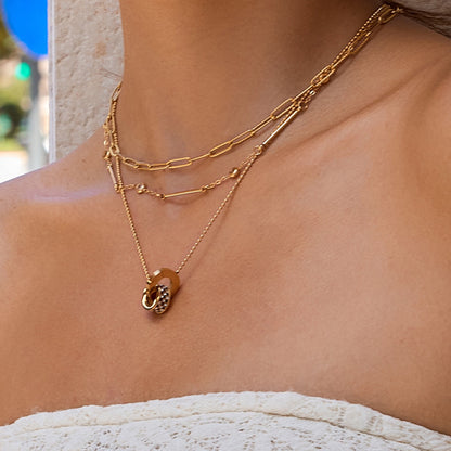 18K Gold Together Two Ring Connected Dainty Pendant Necklace