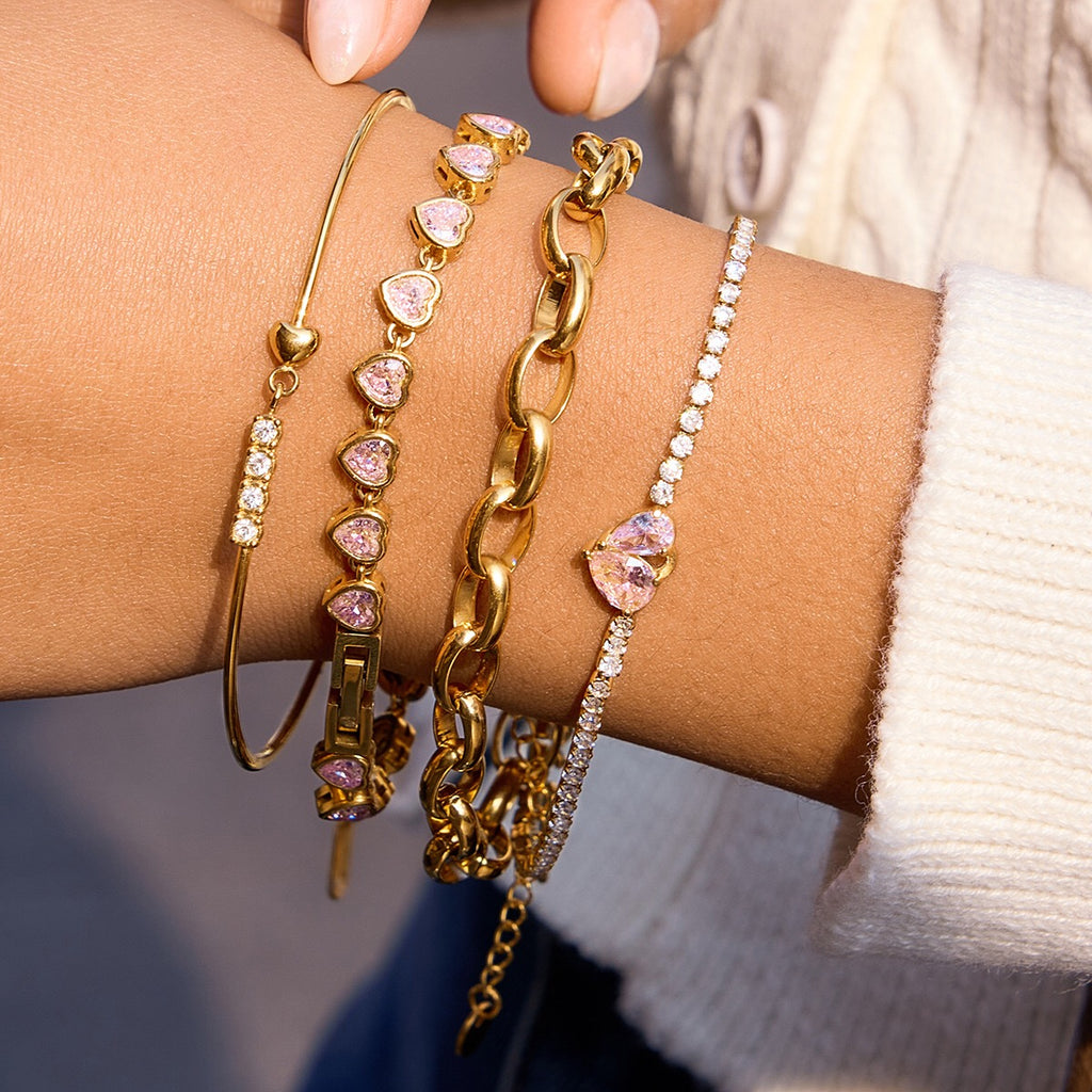 18K Gold Pink Promise Heart Dainty Tennis Chain Bracelet