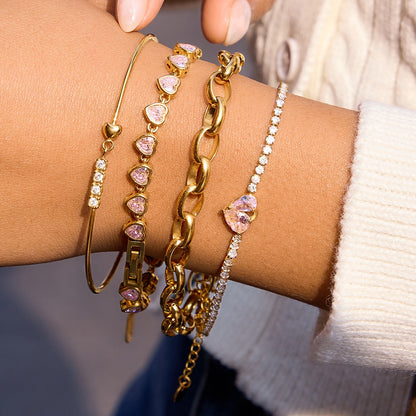 18K Gold Pink Promise Heart Dainty Tennis Chain Bracelet