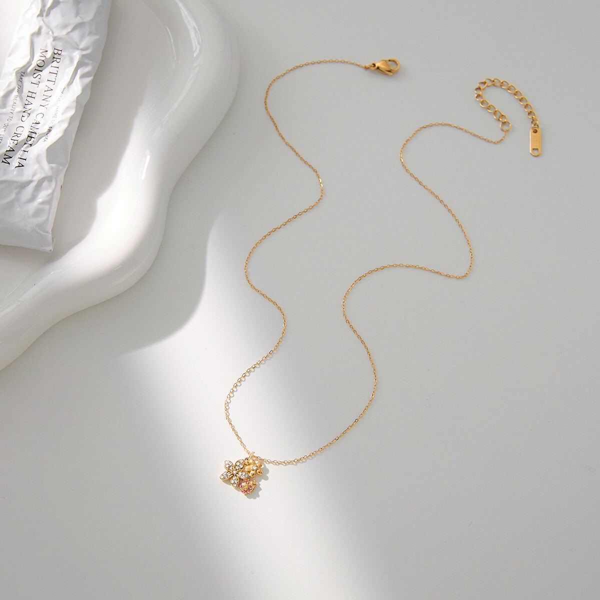 18K Gold Enchanted Garden Pave Dragonfly Ladybug Flower Dainty Pendant Necklace