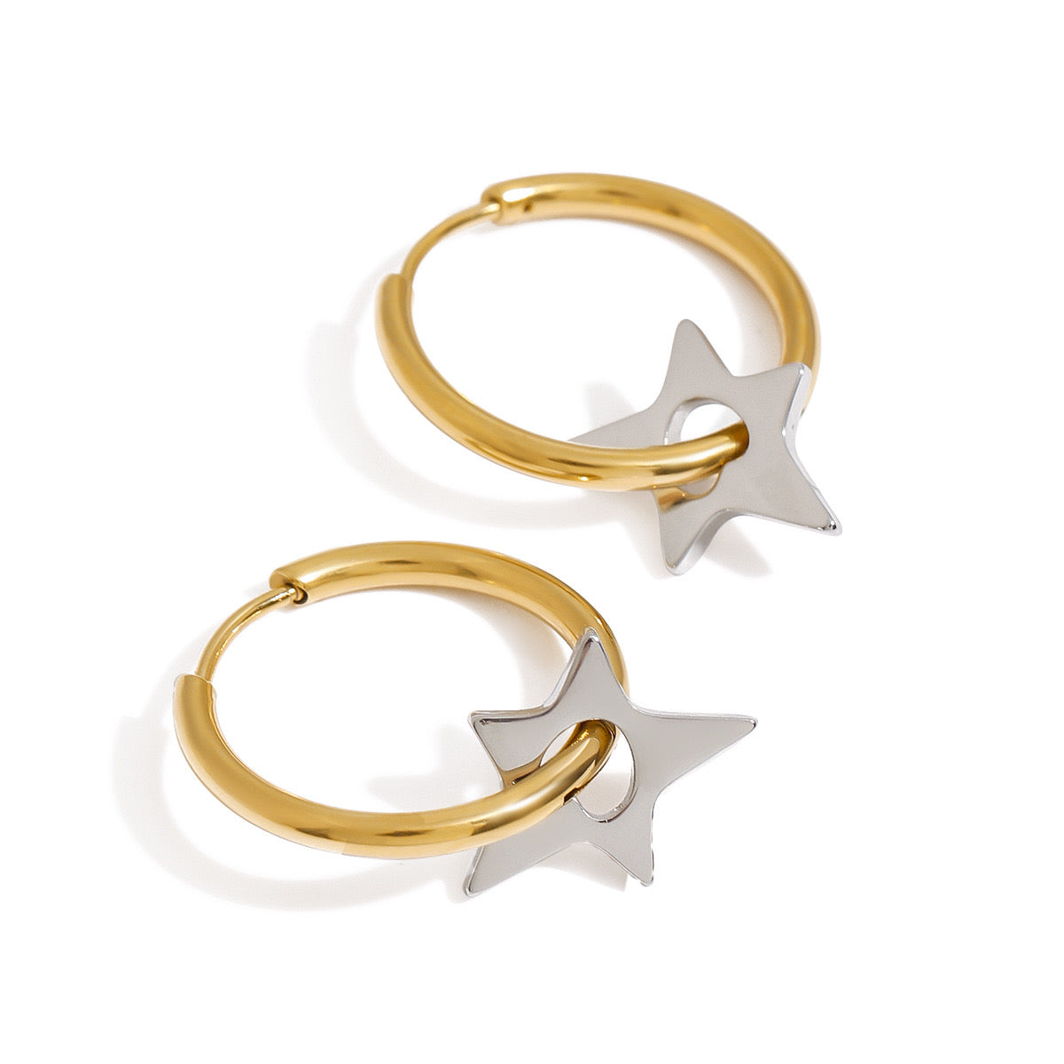 18K Gold and Silver Two Tone Shiny Star Dangle Huggie Earrings