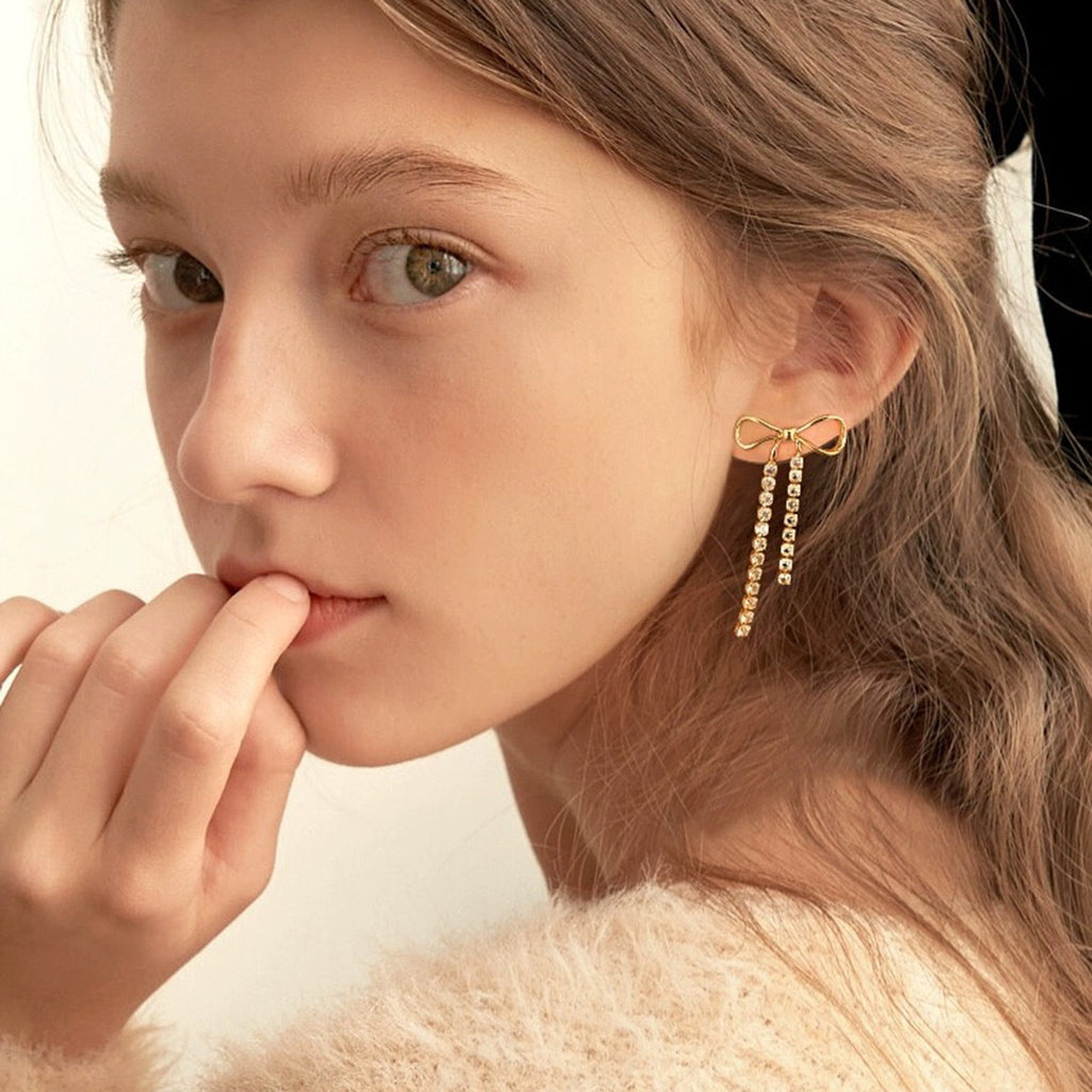 18K Gold Bling Bow Dangle Drop Earrings