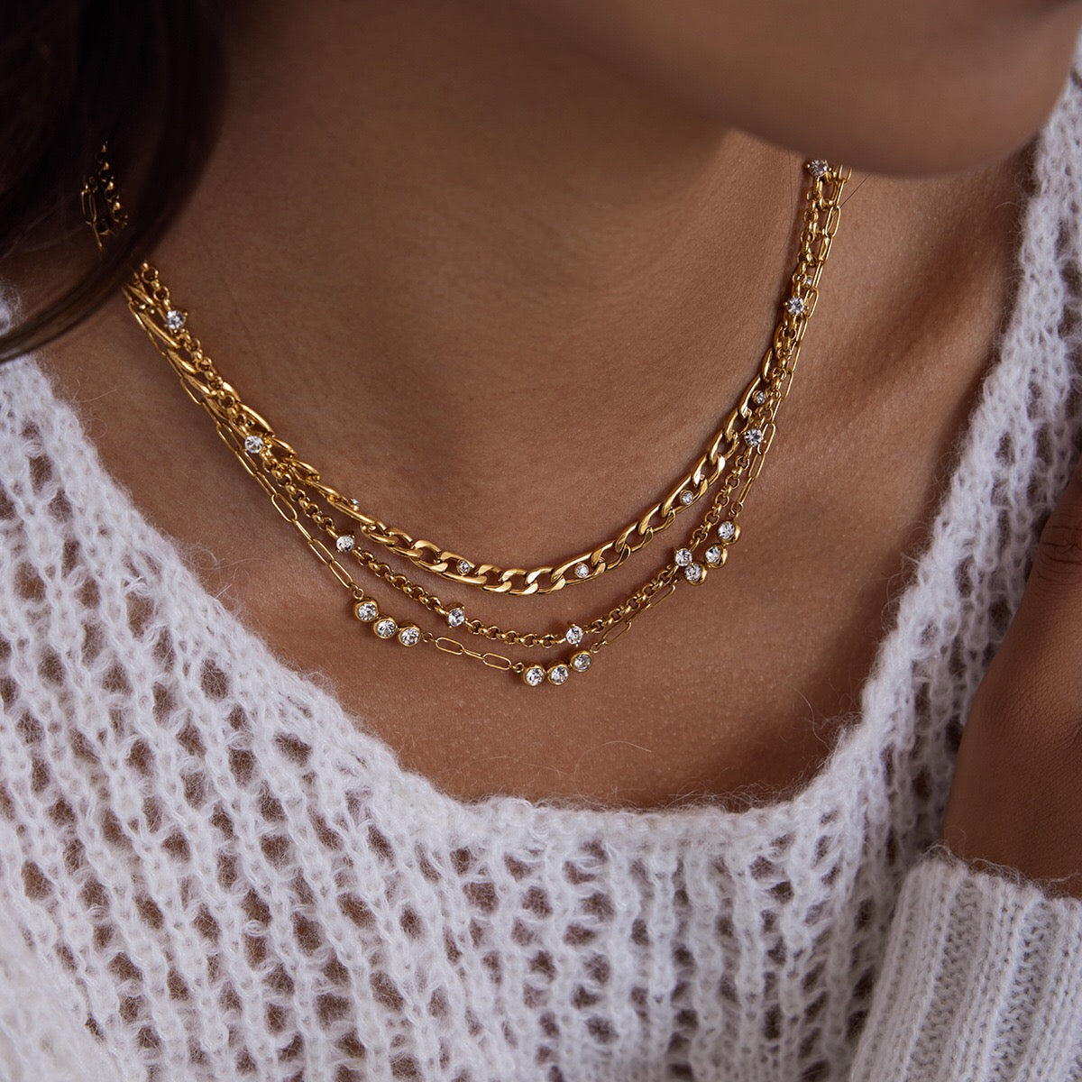18K Gold Cosmic Glow Paperclip Curb Chain Layered Necklace Set