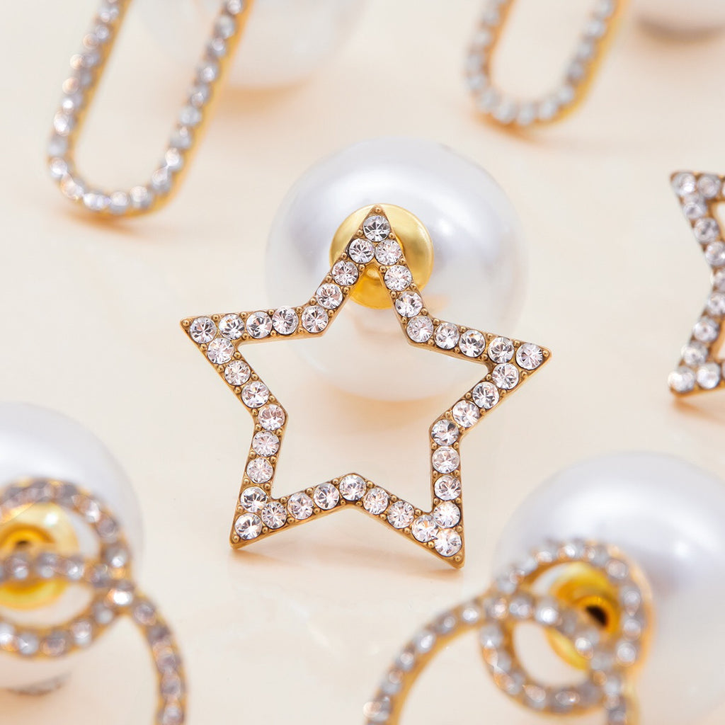 18K Gold Born Star Stud Earrings Pearl Ear Cuffs Set