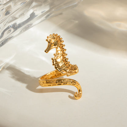 18K Gold Ocean Theme Sea Horse Statement Ring