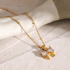 18K Gold Bling Coquette Bow Pendant CZ Necklace