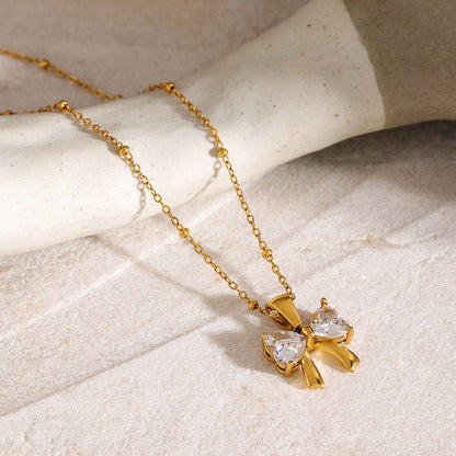 18K Gold Bling Coquette Bow Pendant CZ Necklace