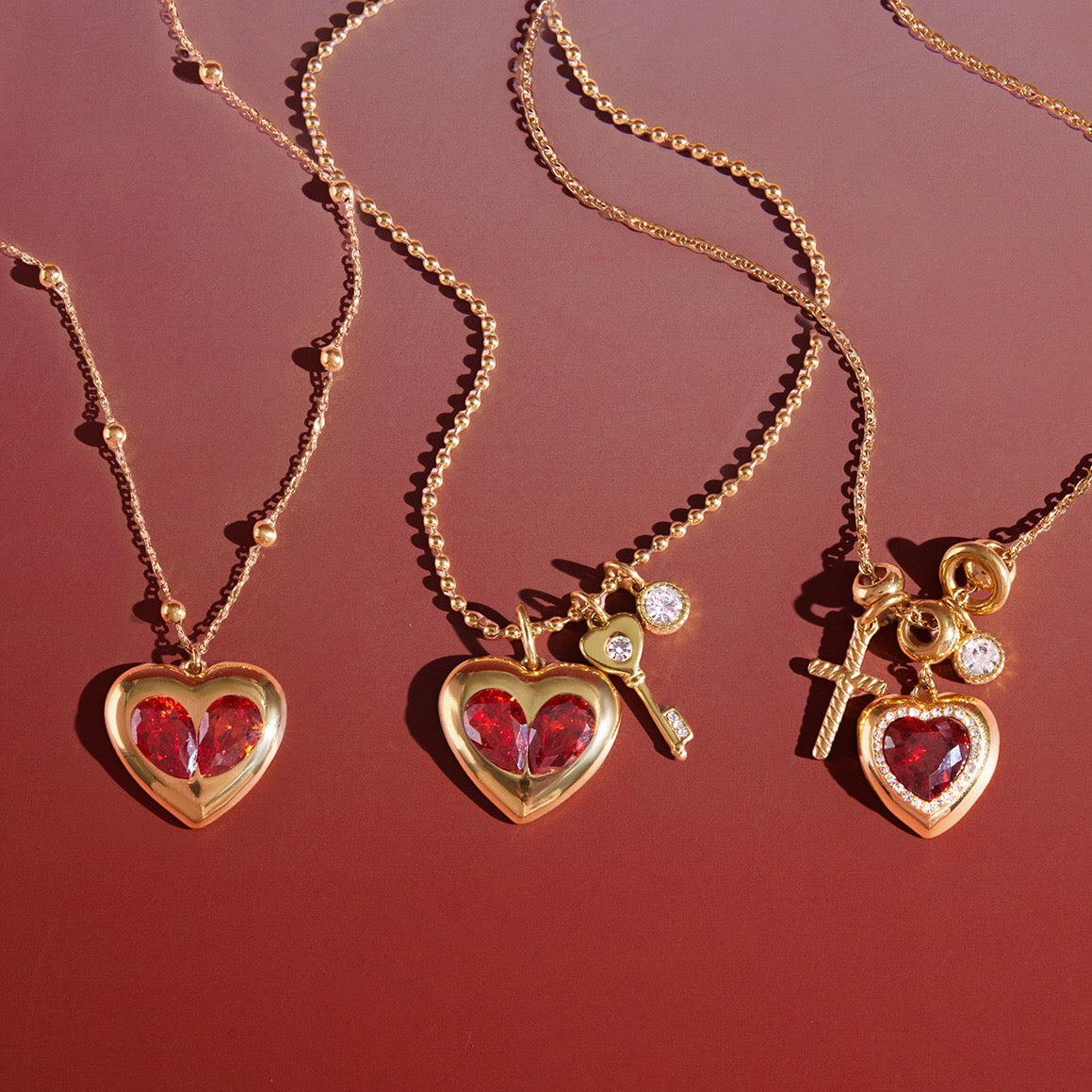 18K Gold Amour Red Heart Pendant Key Cross Charm Necklace