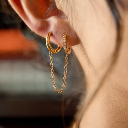 18K Gold Sweet Tangle Small Hoop Huggie Dangle Drop Chain Earrings