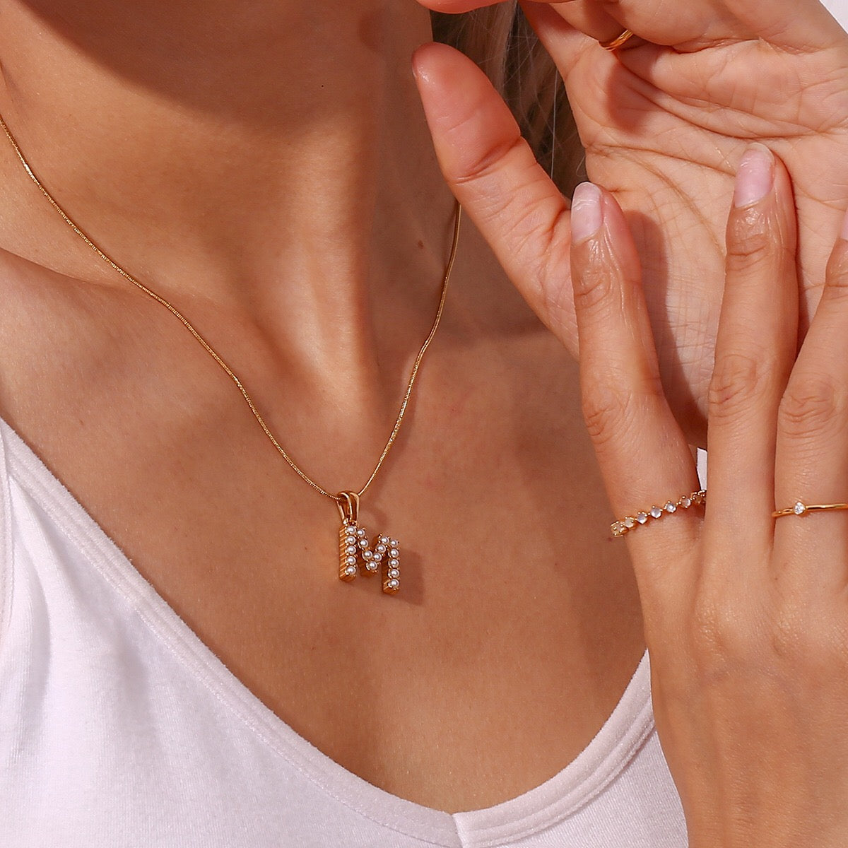 18K Gold Pearl Initial Pendant Necklace