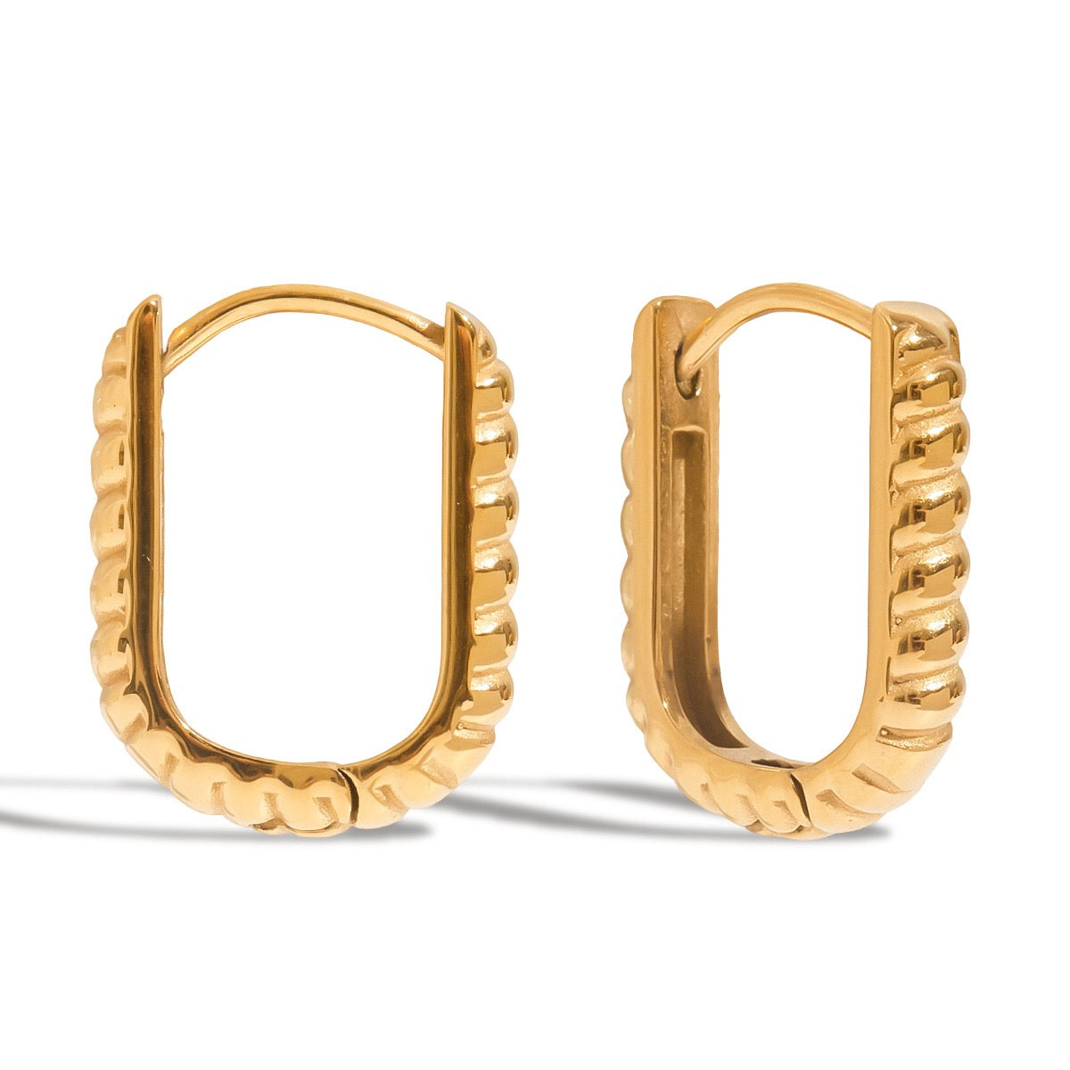 18K Gold Bare Ribbed Rectangle Huggie Earrings Cartilage Hoops Stack