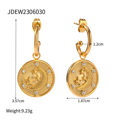 18K Gold Celestial Coin Huggie Earrings with Charm