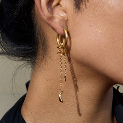18K Gold Celestial Sun Moon and Star Drop Dangle Huggie Earrings