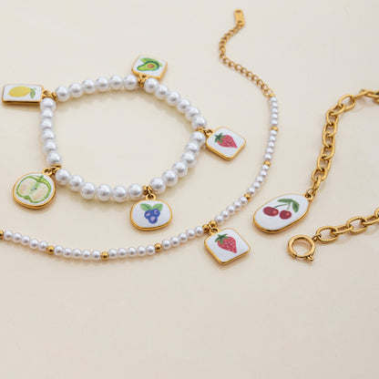 18K Gold Tropical Fruit Charm Pearl Chain Bracelet Stack