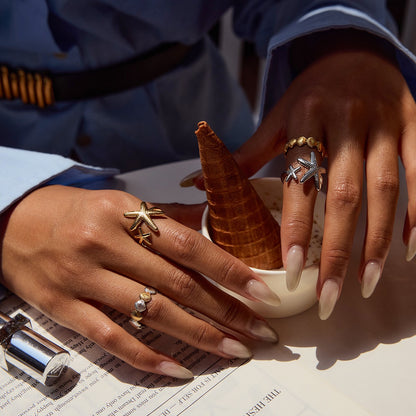 18K Gold and Silver Two Tone Coastal Glow Seashell Starfish Cuff Ring