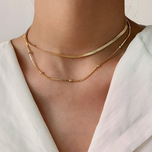 18K Gold Herringbone Beaded Chain Layered Necklace