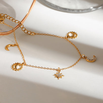 18K Gold Moon and Star Celestial Charm Chain Bracelet
