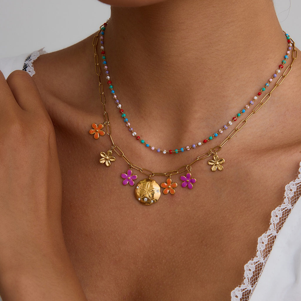 18K Gold Sunset Bloom Flower Charm Necklace