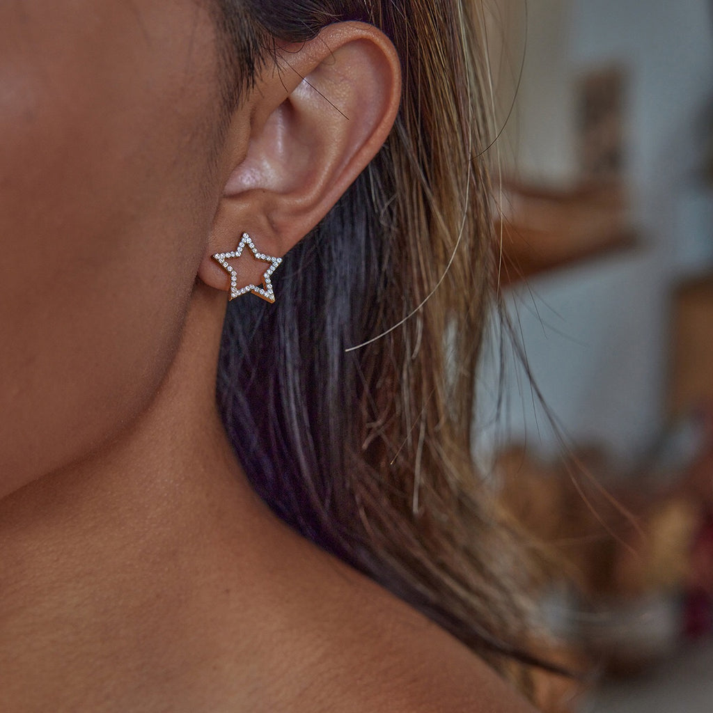 18K Gold Born Star Stud Earrings Pearl Ear Cuffs Set