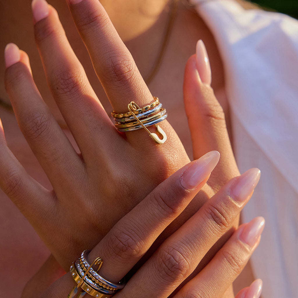 18K Gold and Silver Two Tone Safety Pin Spinelli Connected Multi Layers Stacking Ring