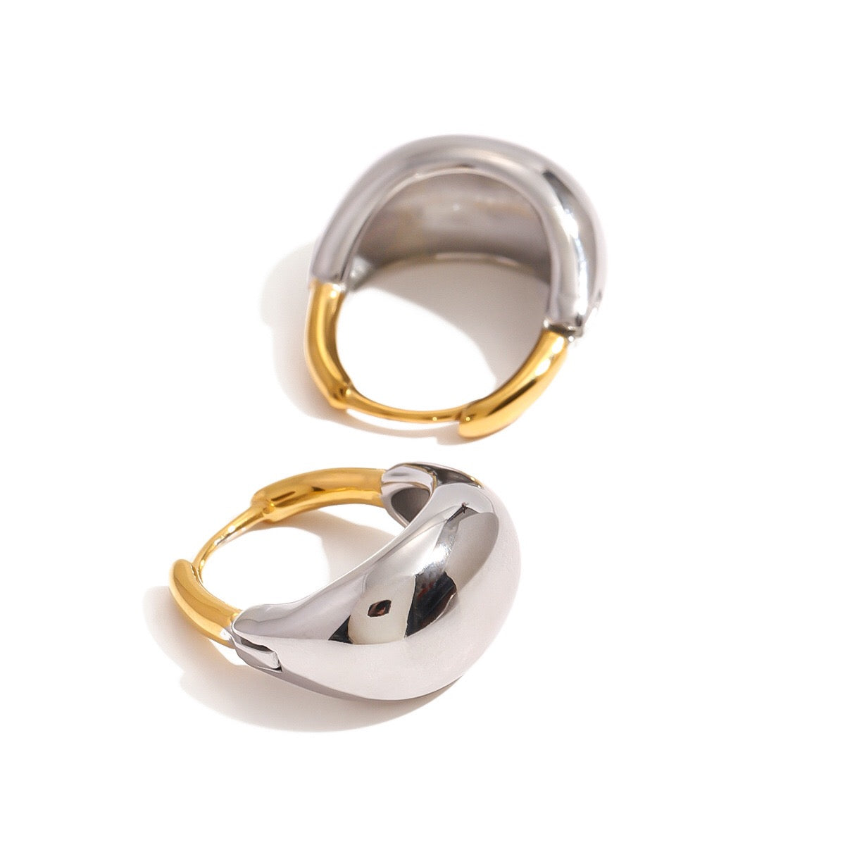 18K Gold and Silver Two Tone Dome Small Hoop Dangle Huggie Earrings
