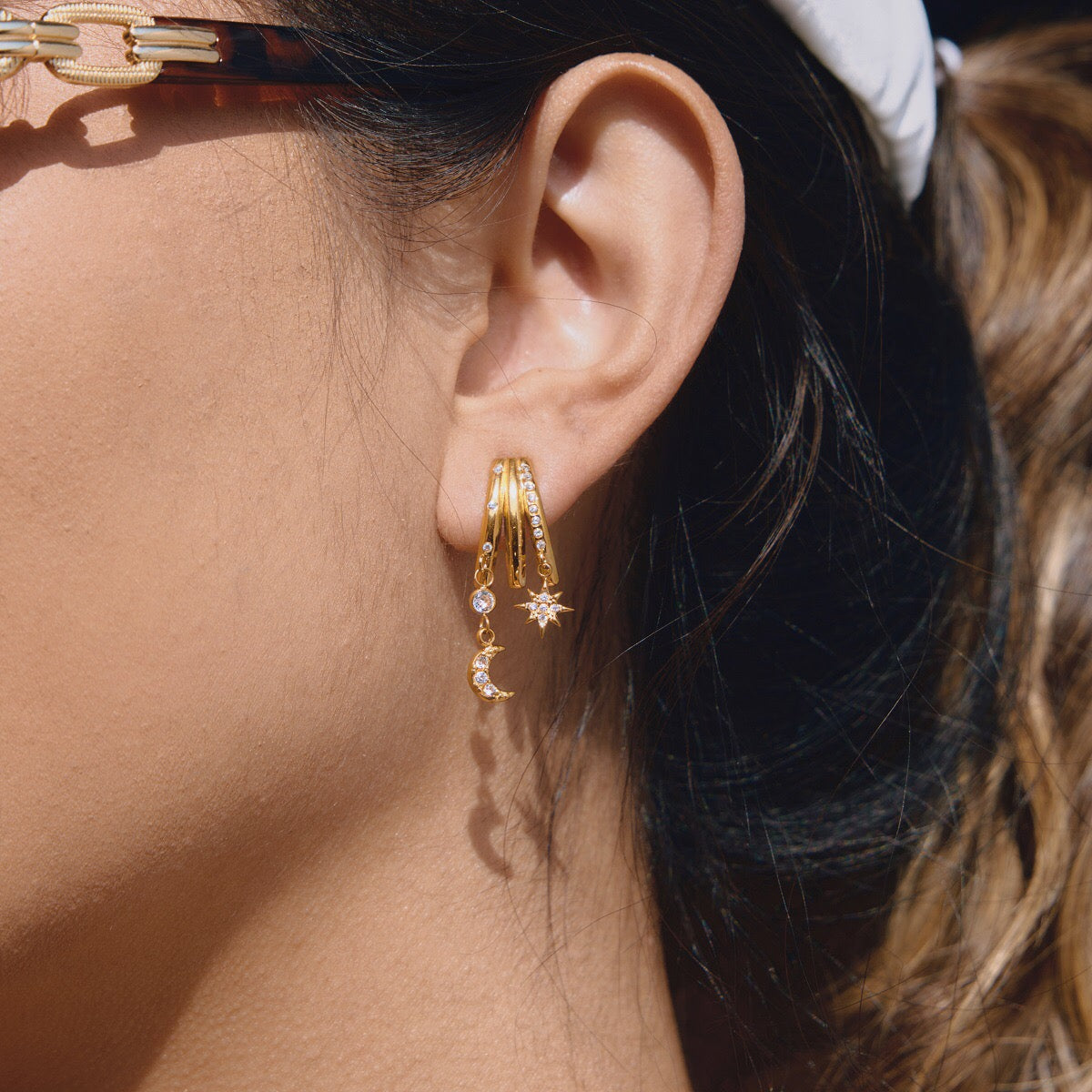 18K Gold Moon Kiss Dangle Huggie Earrings