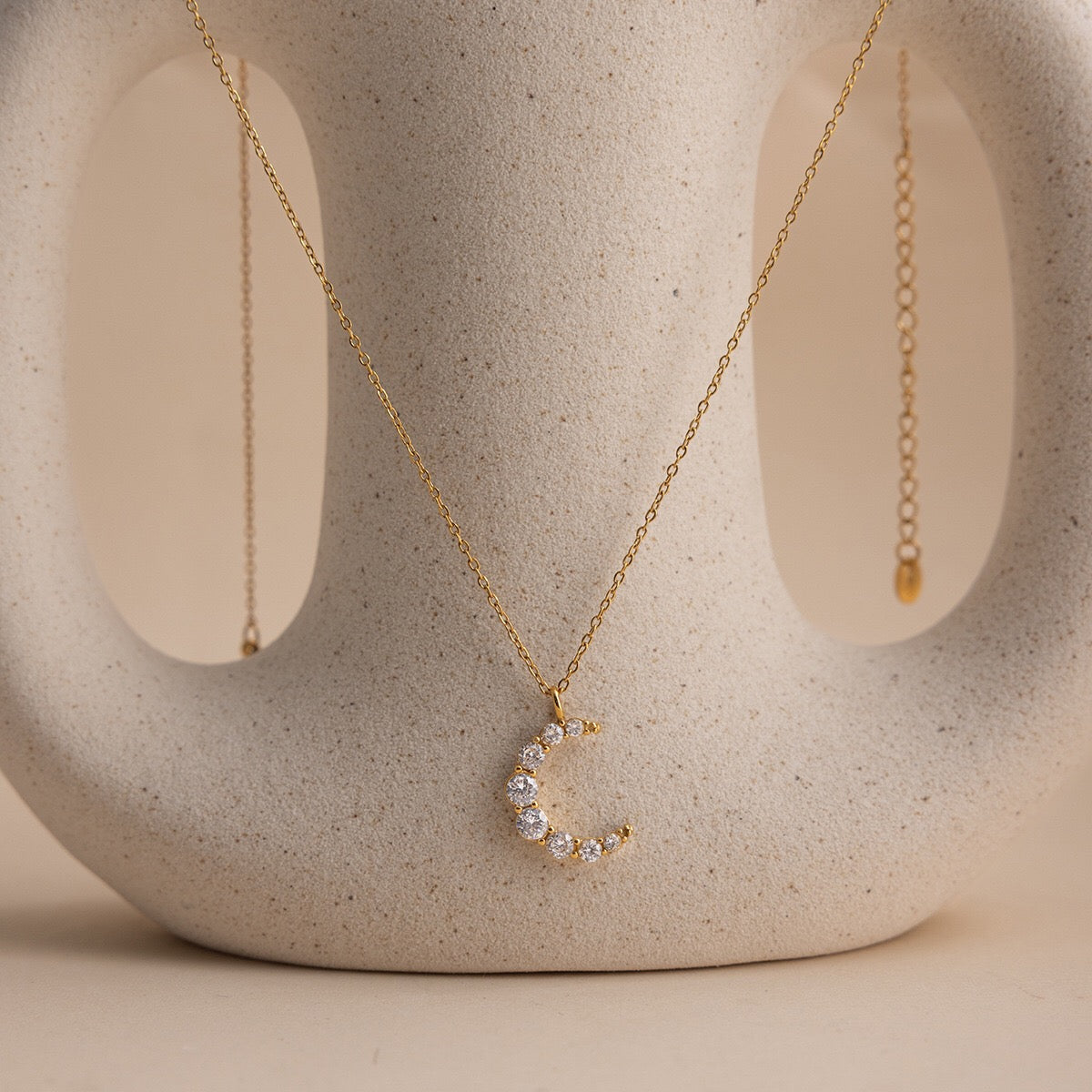 18K Gold Luna Pave Moon Dainty Pendant Necklace