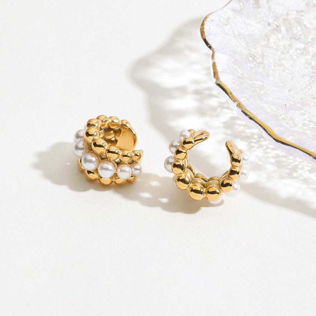 18K Gold Royal Pearl Huggie Earrings Ear Cuffs Set