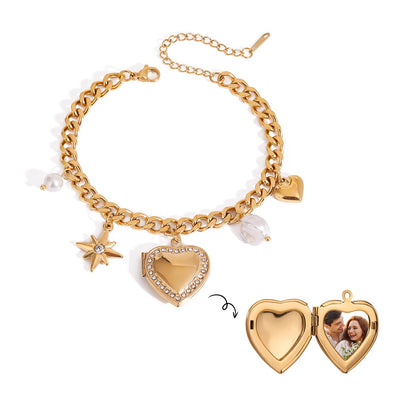 18K Gold Heart Locket Chunky Charm Bracelet