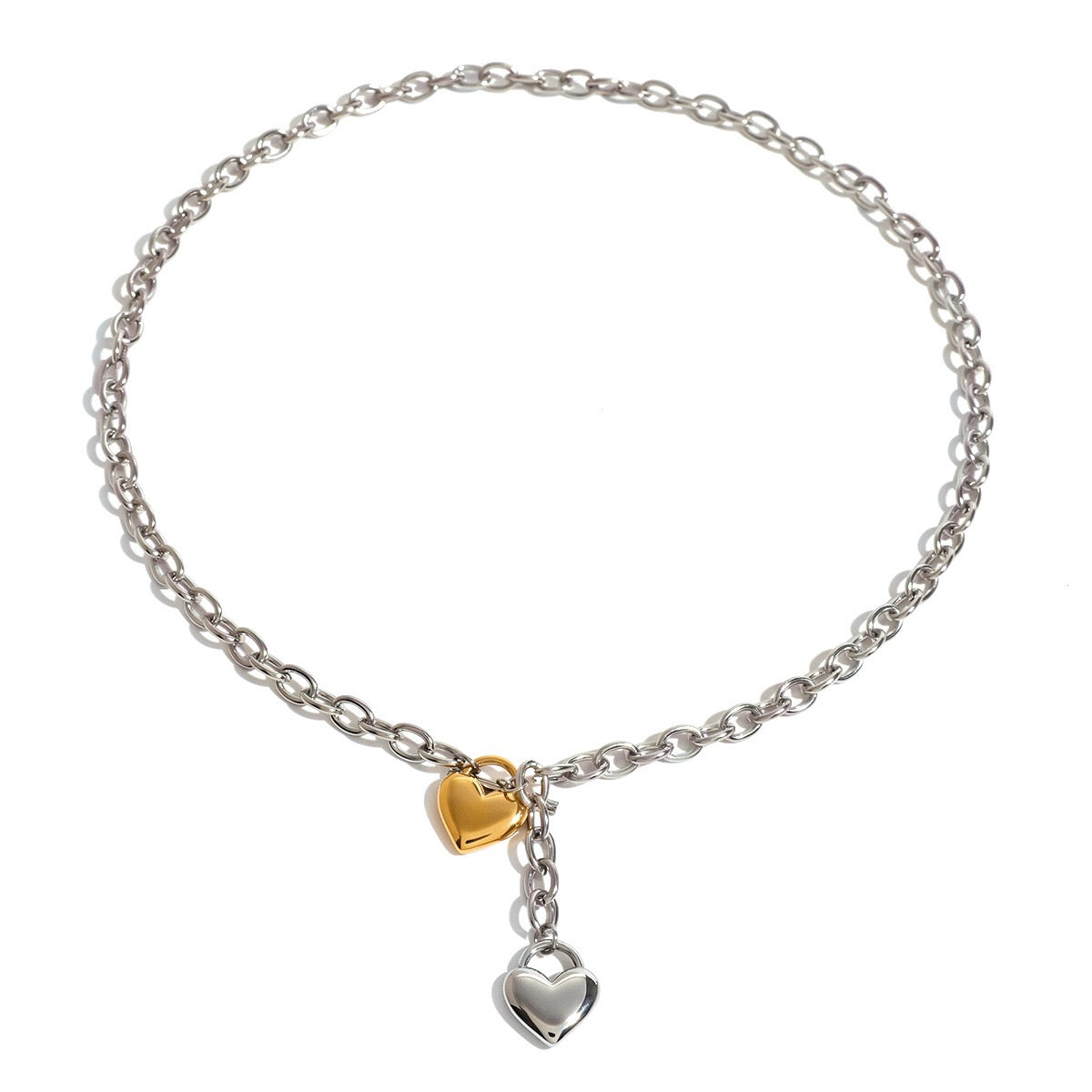 18K Gold and Silver Two Tone Love Locked Heart Cable Chain Toggle Necklace