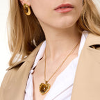 18K Gold Amber Kiss Tiger Eye Gemstone Heart Pendant Necklace