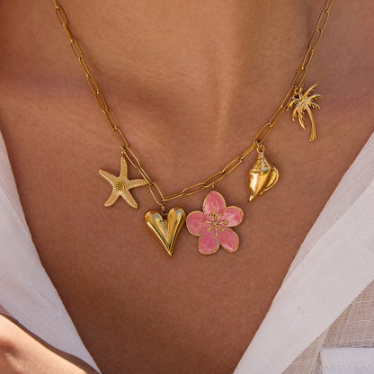 18K Gold Island Sunset Pink Flower Heart Palm Tree Summer Charm Necklace