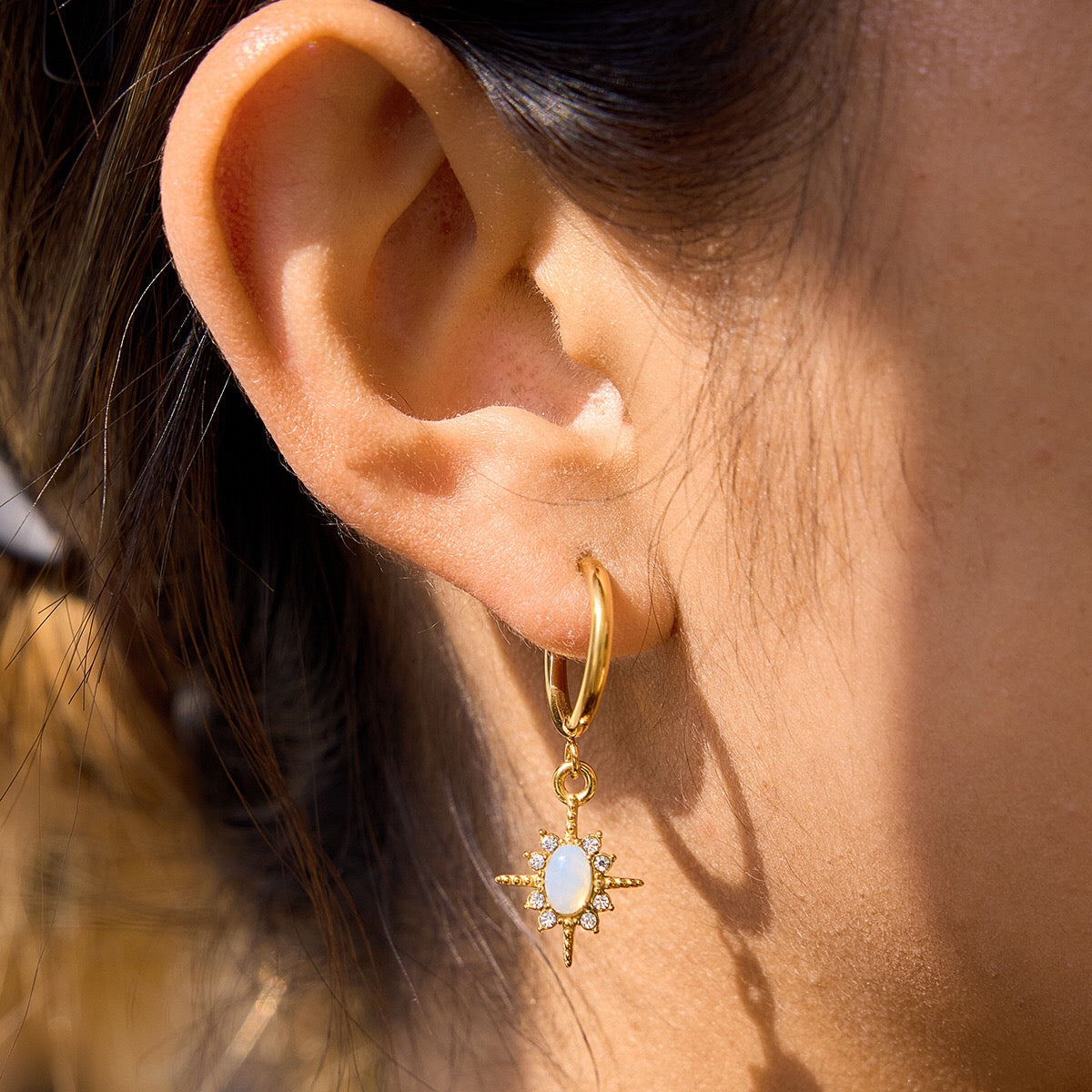 18K Gold Northern Star Opal Small Hoop Dangle Huggie Earrings