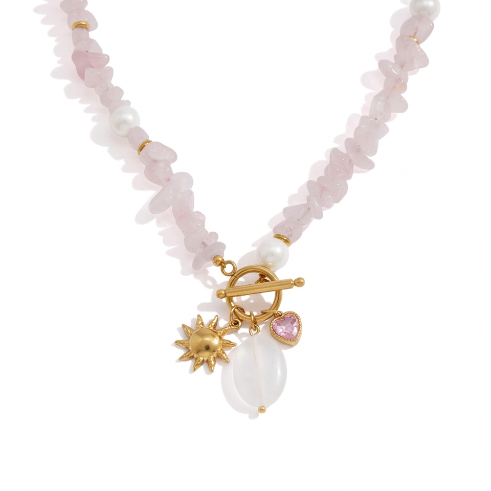 18K Gold Island Charm Natural Stone Beaded Necklace
