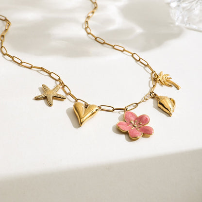 18K Gold Island Sunset Pink Flower Heart Palm Tree Summer Charm Necklace
