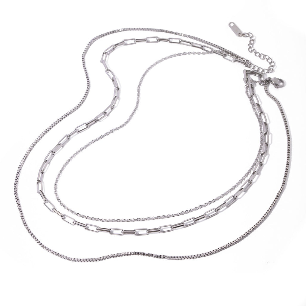 The Essential Stack Silver Paperclip Box Chain Layered Necklace Set