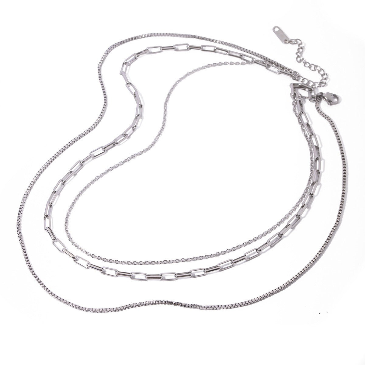 The Essential Stack Silver Paperclip Box Chain Layered Necklace Set