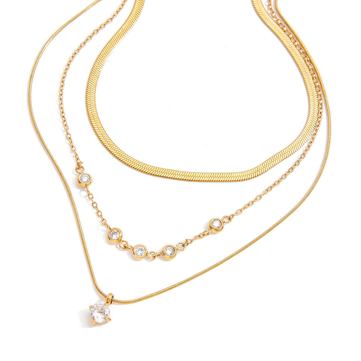 18K Gold Starry Jewel Herringbone Snake Chain Layered Necklace Set