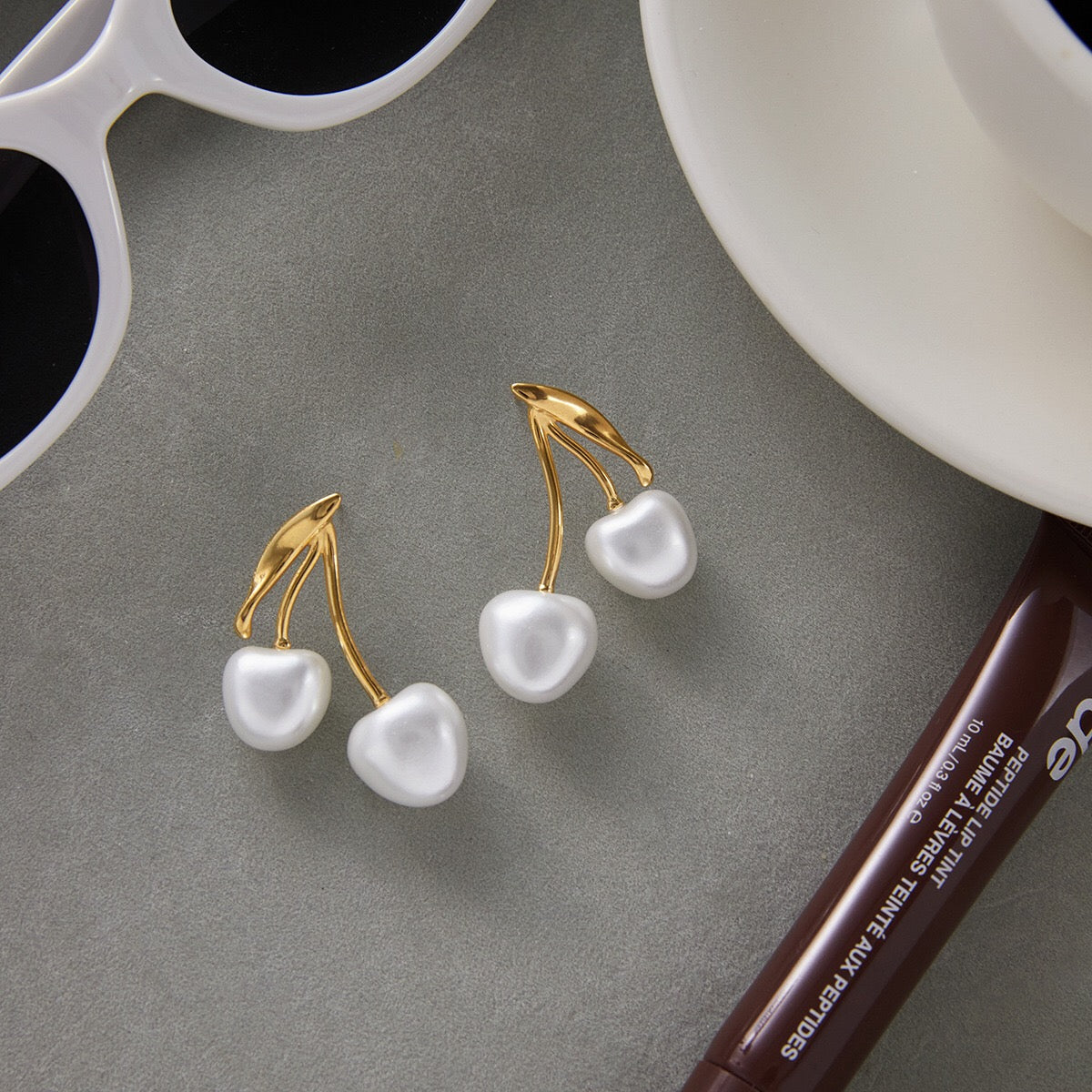 18K Gold Pearl Cherry Statement Dangle Stud Earrings