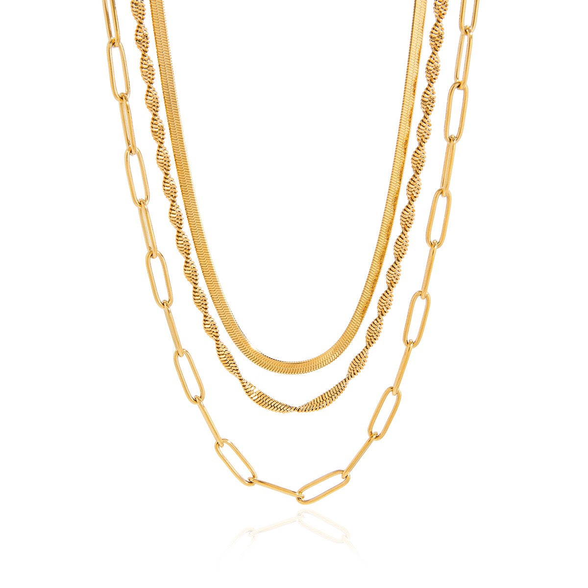 18K Gold Quiet Luxe Paper Clip Herringbone Snake Chain Layered Necklace Set